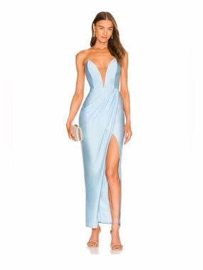 NWOT Michael Costello Revolve Blue Satin Gown Size S